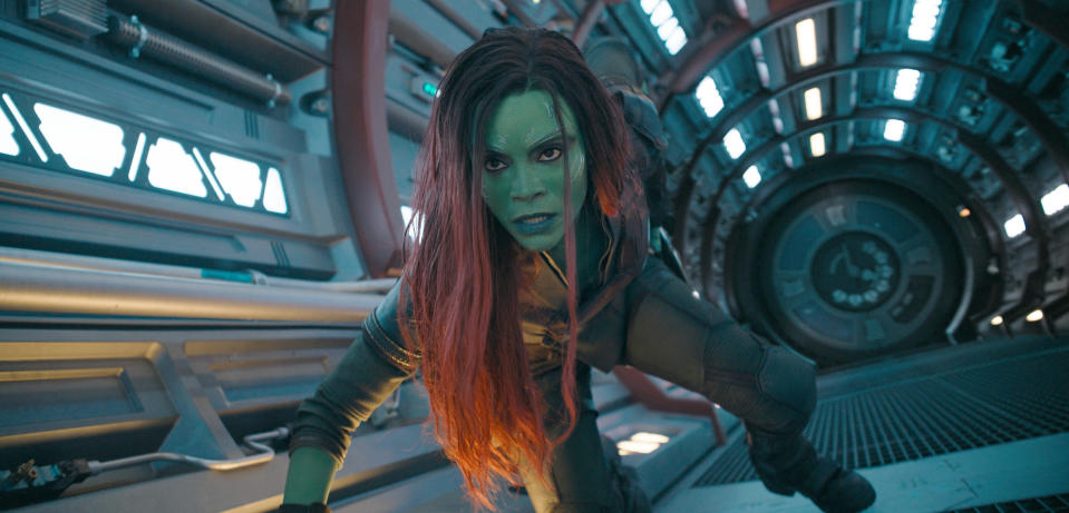 This image released by Marvel Studios shows Zoe Saldana as Gamora in a scene from "Guardians of the Galaxy Vol. 3." (Marvel Studios-Disney via AP)