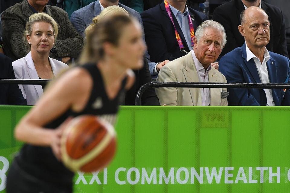 Prince Charles, Prince Of Wales and deputy leader of the Nationals party Bridget McKenzie (left), during the India V New Zealand women's basketball game at the Commonwealth Games