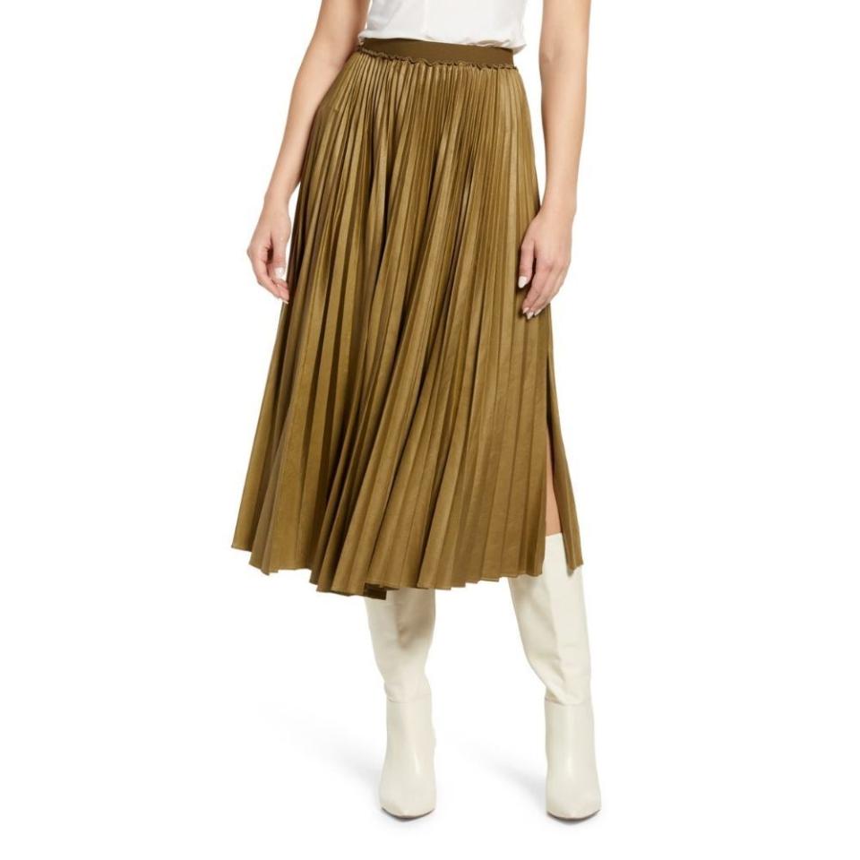 1) Pleated Faux Leather Maxi Skirt