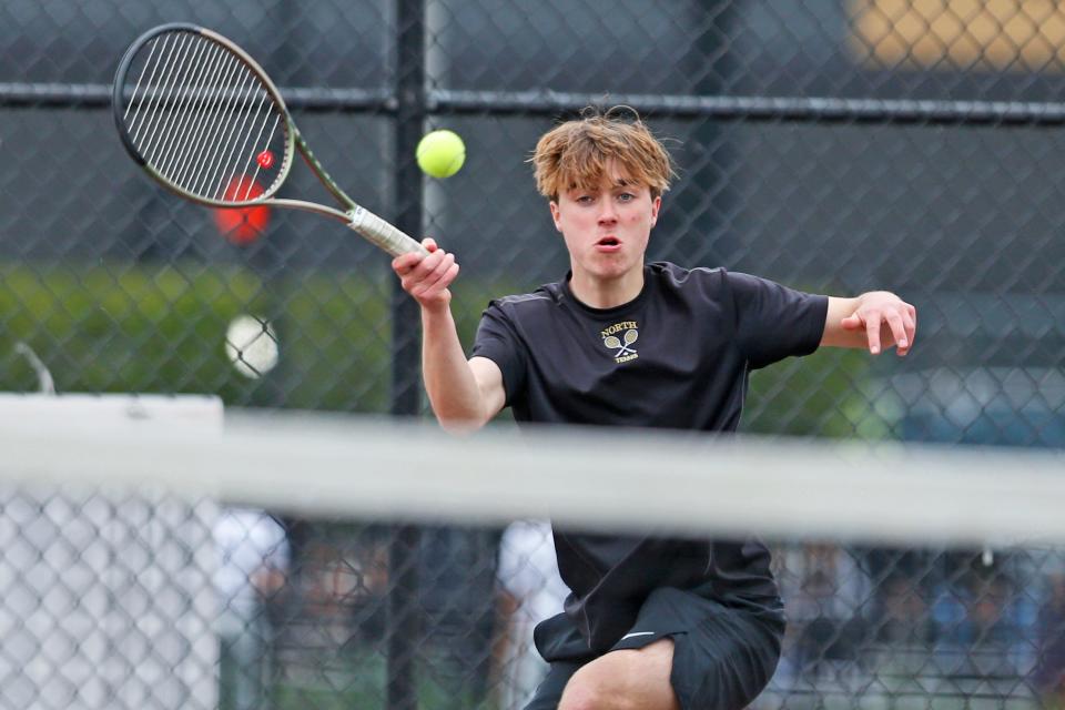 North Kingstown's Brady Hanks gets low for a forehand during his win at No. 2 singles, a straight-sets victory that helped the Skippers dispatch Classical, 6-1, on Tuesday afternoon.