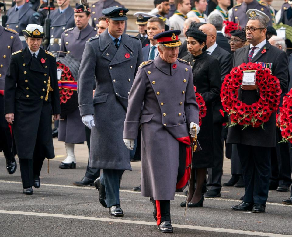 Prince William and King Charles attend the Remembrance Sunday ceremony at the Cenotaph on Whitehall on November 13, 2022.