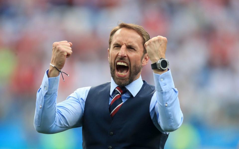 Gareth Southgate celebrates England's record World Cup victory, the 6-1 defeat of Panama - PA