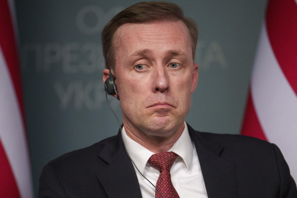 White House national security adviser Jake Sullivan grimaces during a joint press conference with the head of the Office of the President of Ukraine Andriy Yermak in Kyiv, Ukraine, Wednesday, March 20, 2024. (AP Photo/Vadim Ghirda)