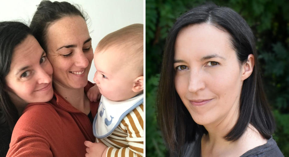 Author Beth Lewis (right) is a proud mum but as her wife Jannine was the parent who gave birth to their daughter, Beth often feels marginalised by others. (Supplied)