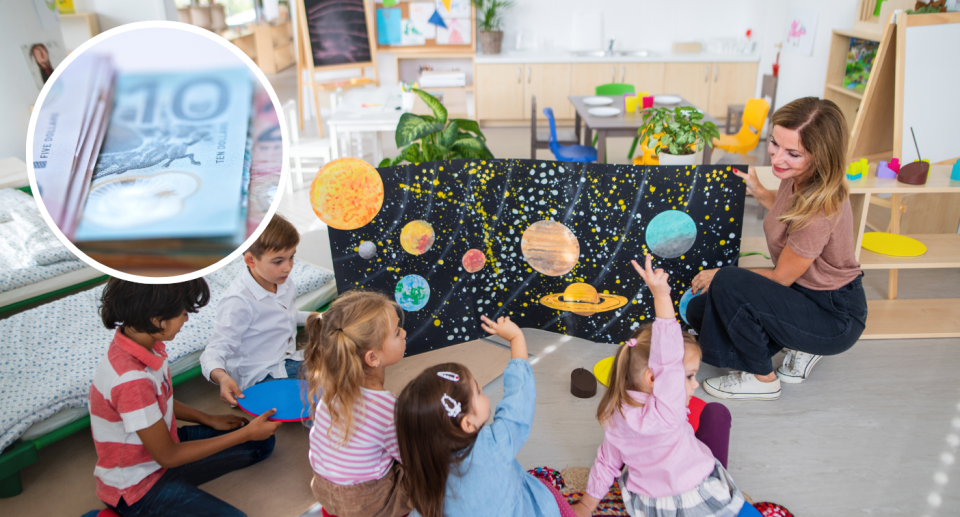 Children at child care with an insert of a $10 note