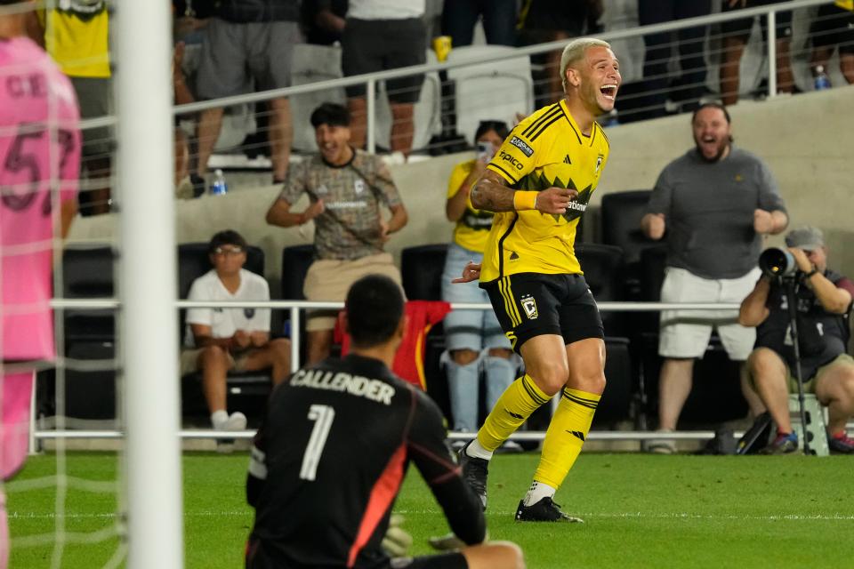 Aug 13, 2024; Columbus, Ohio, USA; Columbus Crew forward Christian Ramirez (17) celebrates a goal by forward Diego Rossi (10) during the second half of the Leagues Cup round of 16 game against Inter Miami CF at Lower.com Field. The Crew won 3-2.