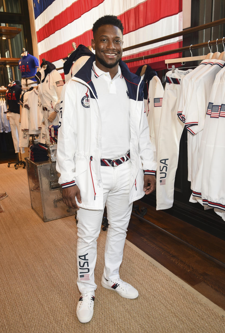 Fencer Daryl Homer participates in the Team USA Tokyo Olympic closing ceremony uniform unveiling at the Ralph Lauren SoHo Store on April 13, 2021, in New York. Ralph Lauren is an official outfitter of the 2021 U.S. Olympic Team. (Photo by Evan Agostini/Invision/AP)