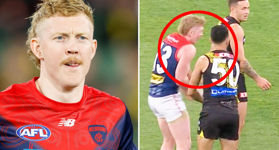 The right image shows an off-the-ball AFL striking incident involving Tigers star Marlion Pickett and Melbourne's Clayton Oliver. 