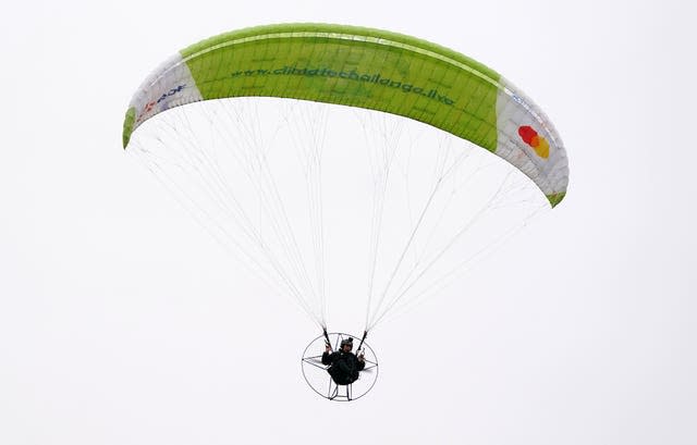 Sacha Dench in flight on a paramotor