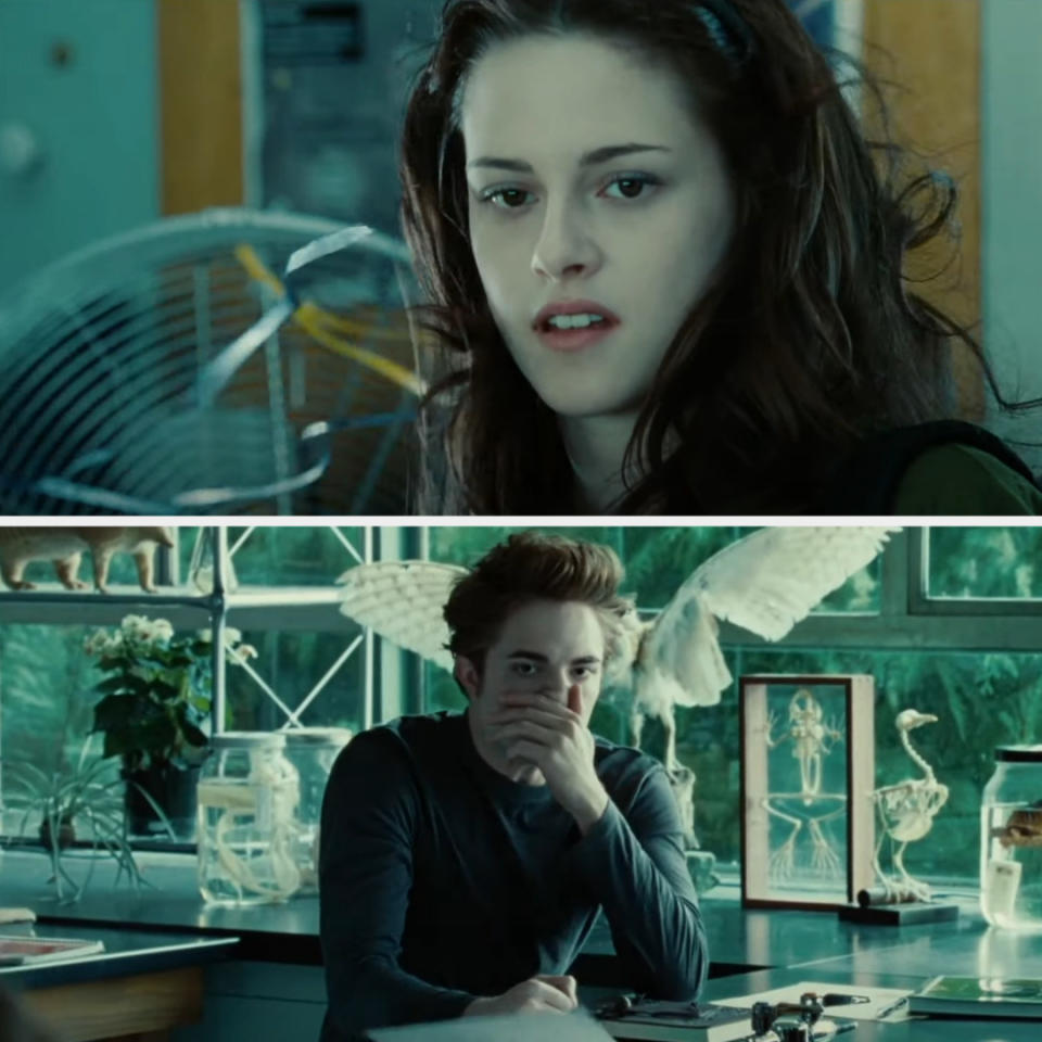 edward sees bella and covers his nose and face with his hand