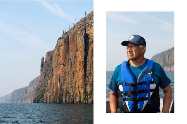 <p>Pat Kane</p> From left: Red Cliff Island, in Canada’s Thaidene Nëné National Park Reserve, rises hundreds of feet from Great Slave Lake; fishing guide Ron Desjarlais near Red Cliff Island.