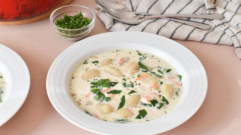 gnocchi chicken soup in bowl 