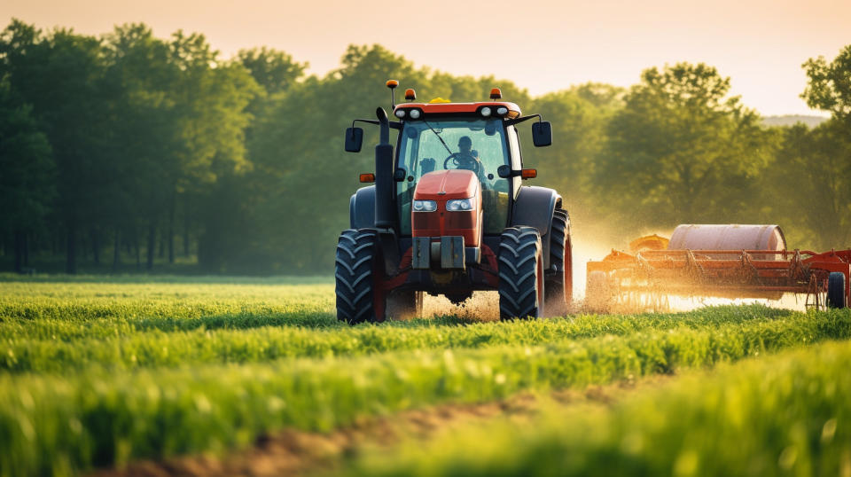 A rustic farm field with a tractor spreadng nitrogen-based fertilizer in the background.