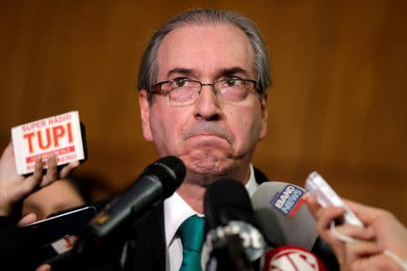 Brazilian suspended House Speaker Eduardo Cunha reacts during a news conference at the National Congress in Brasilia, Brazil July 7, 2016. REUTERS/Ueslei Marcelino