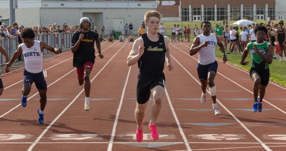 Southern Regional’s Cole Cramer sets a record as he wins the boys 100 Dash. Ocean County Track Championships at Jackson Liberty High School on May 8, 2024.