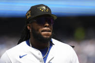 Toronto Blue Jays' Vladimir Guerrero Jr. reacts during his team's loss to the Tampa Bay Rays in a baseball game in Toronto on Saturday, May 18, 2024. (Chris Young/The Canadian Press via AP)