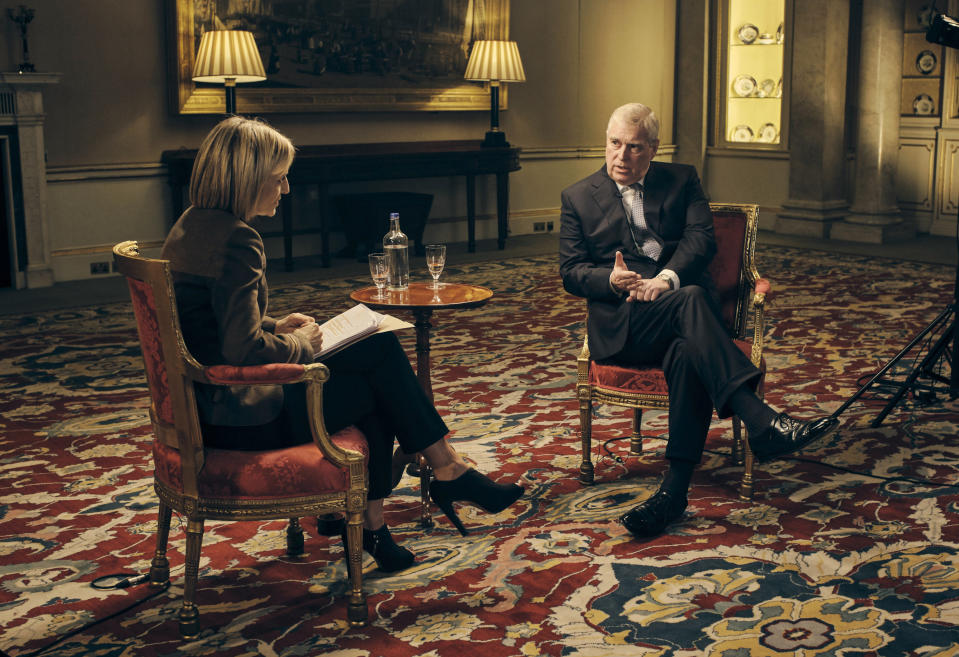 This Nov. 18, 2019 photo released by the BBC shows BBC Newsnight's Emily Maitlis, left, during an interview in London with Prince Andrew, Duke of York, about the Prince's involvement with Jeffrey Epstein. His interview backfired when the prince failed to show empathy for the young women who were exploited by Epstein even as he defended his friendship with the convicted sex offender. (Mark Harrison/BBC via AP)