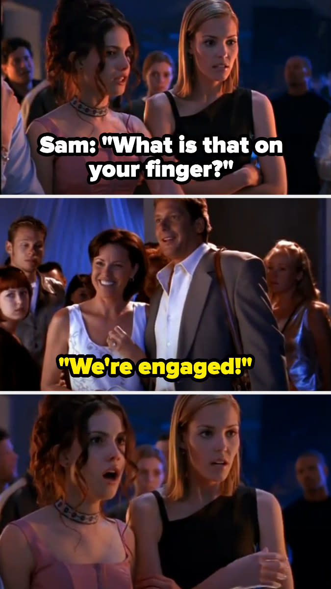 Sam asking the couple "What is that on your finger?" and their response: "We're engaged!"