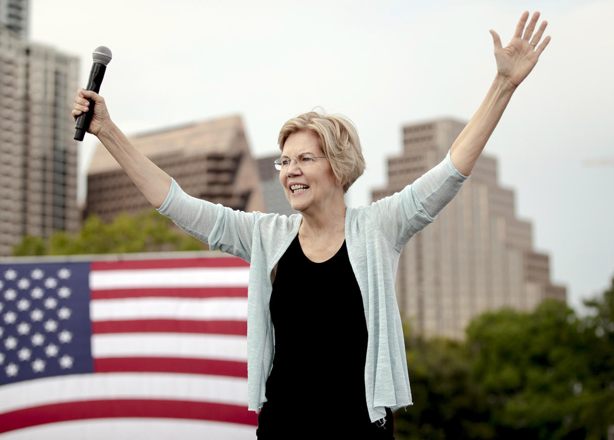 Democratic presidential candidate Elizabeth Warren, D-Mass., acknowledges her supporters during a rally on Tuesday, Sept. 10, 2019, in Austin, Texas. (Nick Wagner/Austin American-Statesman via AP)