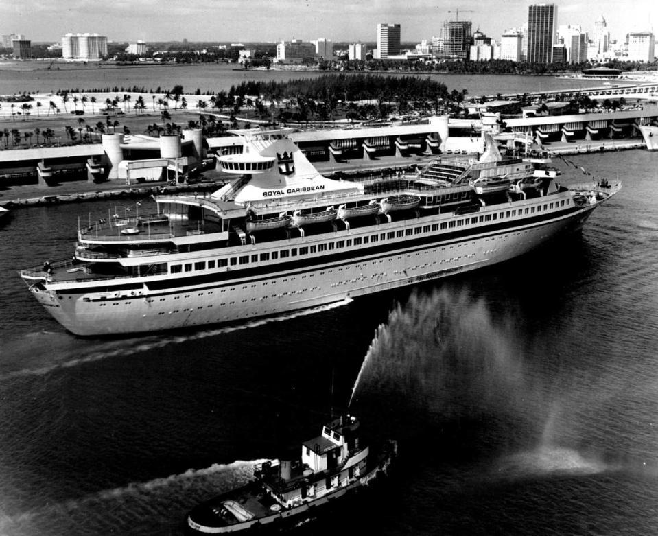 Royal Caribbean Cruise Line’s new 18,500-ton, 900-passenger luxury cruise liner M/S ‘Nordic Prince Cruises down Government Cut toward its new berth at the Port of Miami in 1971.