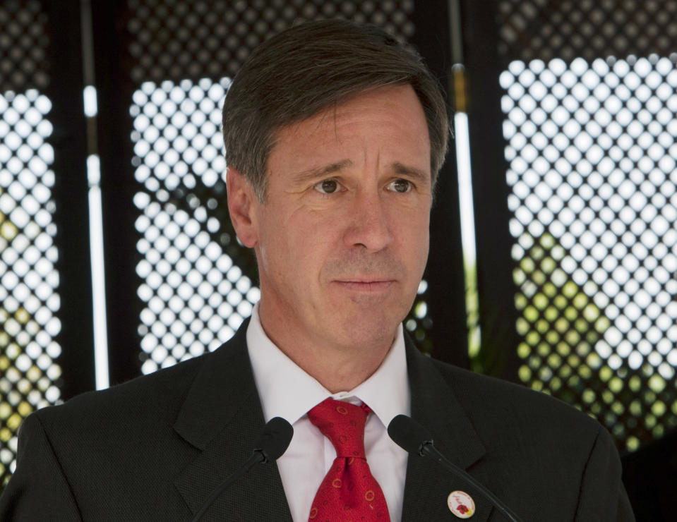 FILE - In this Dec. 19, 2012, file photo, Marriott CEO Arne Sorenson speaks during a groundbreaking ceremony for a Marriott hotel in Port-au-Prince, Haiti. Marriott says that  Sorenson, the company's CEO and president, has been diagnosed with stage two pancreatic cancer. The hotel operator says Sorenson will remain in his role with the company while in treatment.  (AP Photo/Dieu Nalio Chery, File)