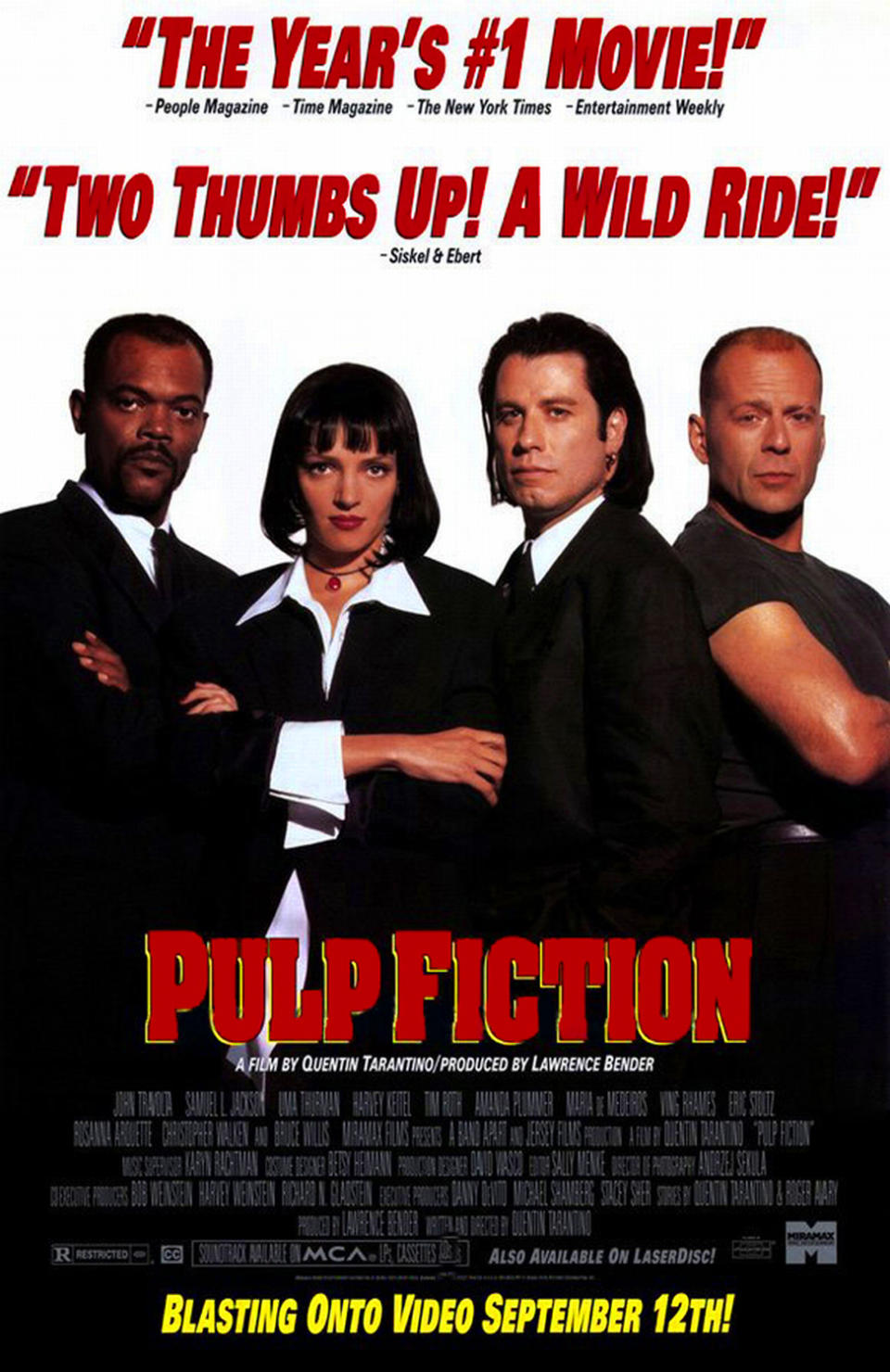 Samuel L. Jackson, Uma Thurman, John Travolta und Bruce Willis auf einem Filmplakat zu 