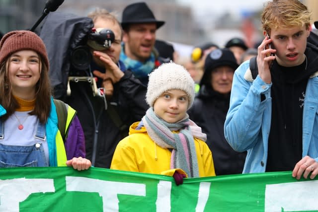 Greta Thunberg stands alongside fellow environmental activists for the Bristol Youth Strike 4 Climate protest at College Green in Bristol (Aaron Chown/PA)