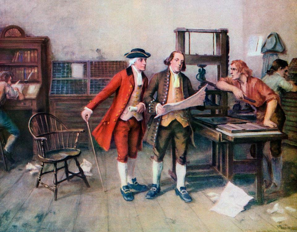 Benjamin Franklin, center, insisted in 1775 that ‘I am persuaded the body of the British people are our friends.’ <a href="https://www.gettyimages.com/detail/news-photo/benjamin-franklin-and-associates-at-franklins-printing-news-photo/525372985?phrase=Ben%20Franklin&adppopup=true" rel="nofollow noopener" target="_blank" data-ylk="slk:GraphicaArtis /Getty Images;elm:context_link;itc:0;sec:content-canvas" class="link ">GraphicaArtis /Getty Images</a>