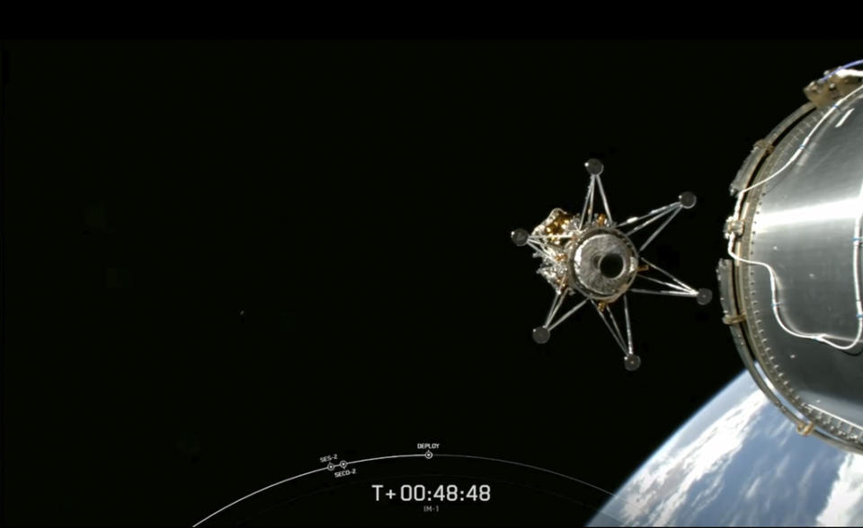 This image from video provided by SpaceX via NASA TV shows Intuitive Machines’ lunar lander separating from the rocket’s upper stage and heading toward the moon, on Feb. 15, 2024. (SpaceX -NASA TV via AP)