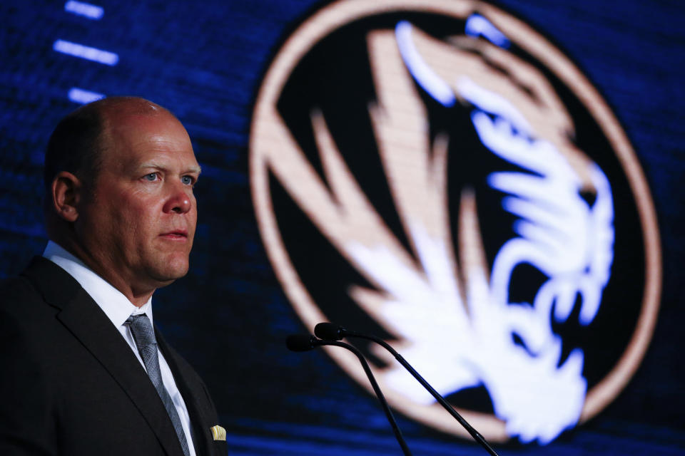 Missouri head coach Barry Odom speaks during the NCAA college football Southeastern Conference Media Days, Monday, July 15, 2019, in Hoover, Ala. (AP Photo/Butch Dill)