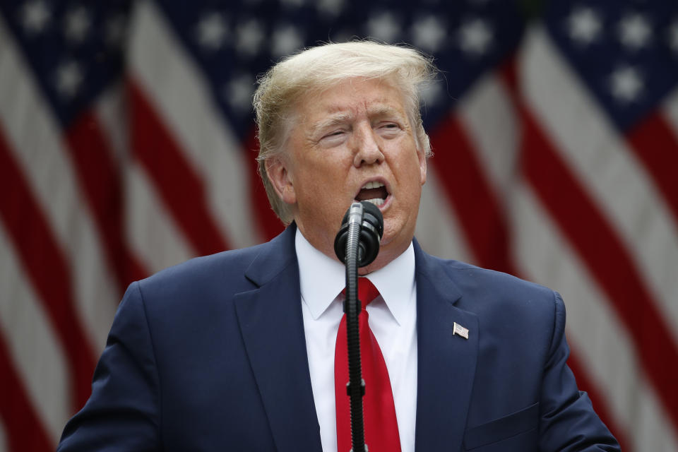 President Donald Trump speaks in the Rose Garden of the White House, Friday, May 29, 2020, in Washington. (AP Photo/Alex Brandon)