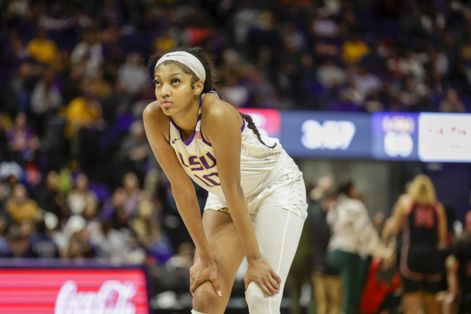 LSU forward Angel Reese during a break against the Georgia on Feb. 2, 2023. (AP Photo/Derick Hingle)