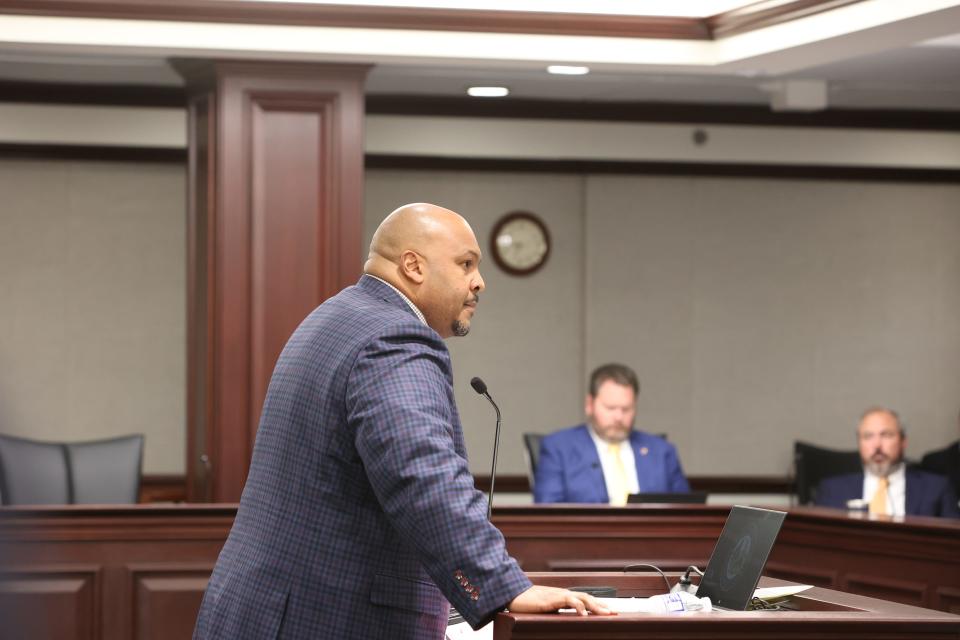 Sen. Cory Simon, R-Tallahassee, speaks at a Senate Appropriations Committee meeting on Thursday, March 16, 2023, at the Florida Capitol.