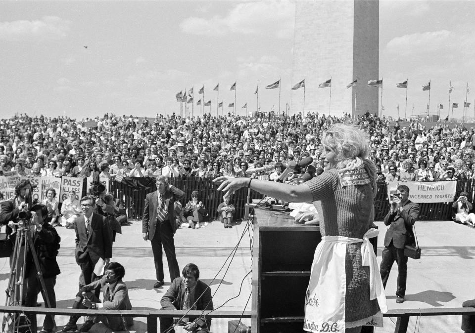 Irene McCabe, of Pontiac, Mich., a leader of Patterson’s National Action Group, addresses an anti-busing rally near the base of the Washington Monument on April 27, 1972, following a weekslong march from Michigan to the U.S. Capitol.