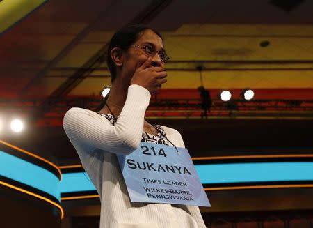 Sukanya Roy, of South Abington Township, Pennsylvania, reacts to winning the 2011 Scripps National Spelling Bee after spelling the word cymotrichous, at the Gaylord National Resort and Convention Center at National Harbor, Maryland, June 2, 2011. REUTERS/Molly Riley/Files