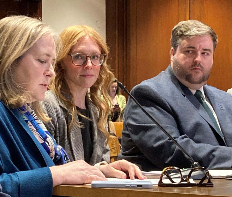 From left, a representative of DoorDash, Katie Franger, public relations manager for Uber, and Brendan Joyce, public policy manager Northeast for Lyft, spoke at the special Joint Committee hearing on the proposed ballot initiatives; focusing on six related questions that would determine the status of rideshare drivers working for app-based technological companies.