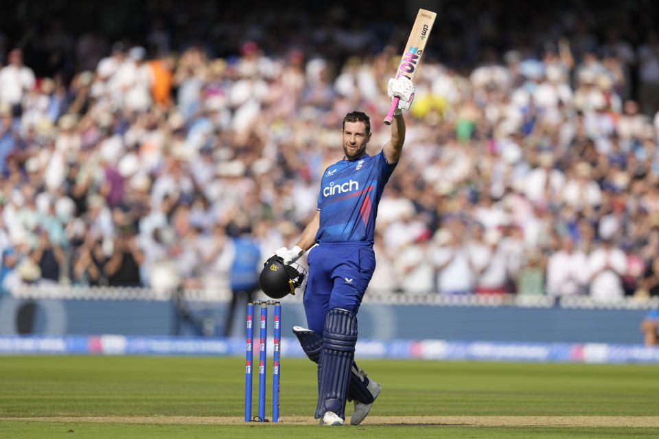England's Dawid Malan celebrates scoring a century (100 runs) during the One Day International cricket match between England and New Zealand at Lord's cricket ground in London, Friday, Sept. 15, 2023. (AP Photo/Kirsty Wigglesworth)