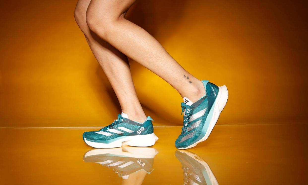 <span>Adidas’s Adziero Adios Pro 3 carbon-fibre running shoes.</span><span>Photograph: Katherine Anne Rose/The Observer</span>