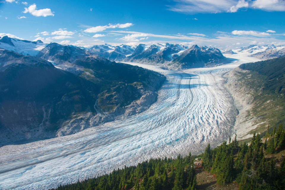 This September 2017 photo provided by researcher Brian Menounos shows the Klinaklini glacier in British Columbia, Canada. The glacier and the adjacent icefield lost about 15 gigatons of water from 2000-2019, Menounos says. And the rate of loss accelerated over the last five years of the study. (Brian Menounos via AP)