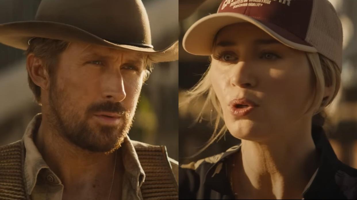  From left to right: screenshots of Ryan Gosling and Emily Blunt talking to each other in The Fall Guy. 