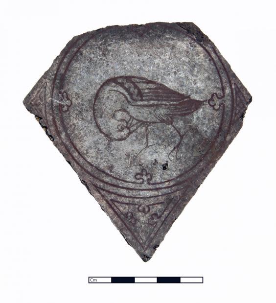 Stained glass from the long-lost princely chapel. This fragment shows a pelican pecking her own breast – a traditional Christian symbol representing Christ's self sacrifice. (Durham University used with permission of the Auckland Project)