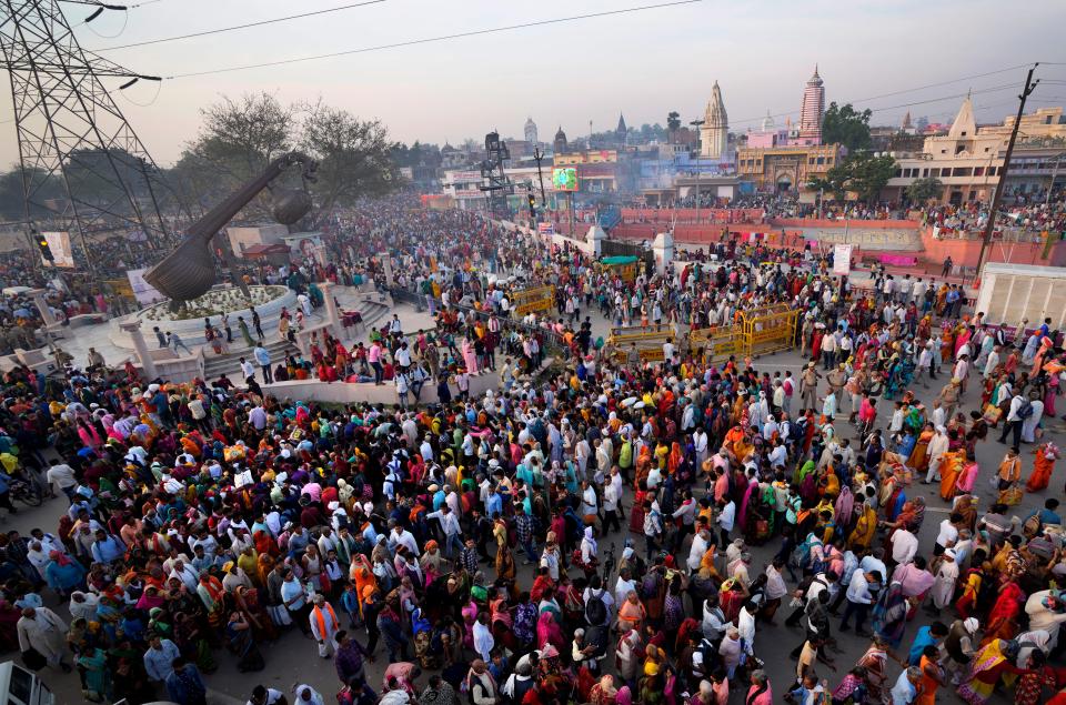 Thousands of people arrive for the Ramnavi festival in Ayodhya, India, Thursday, March 30, 2023. The United Nations says India will be the world’s most populous country by the end of April, eclipsing an aging China. (AP Photo/Manish Swarup)