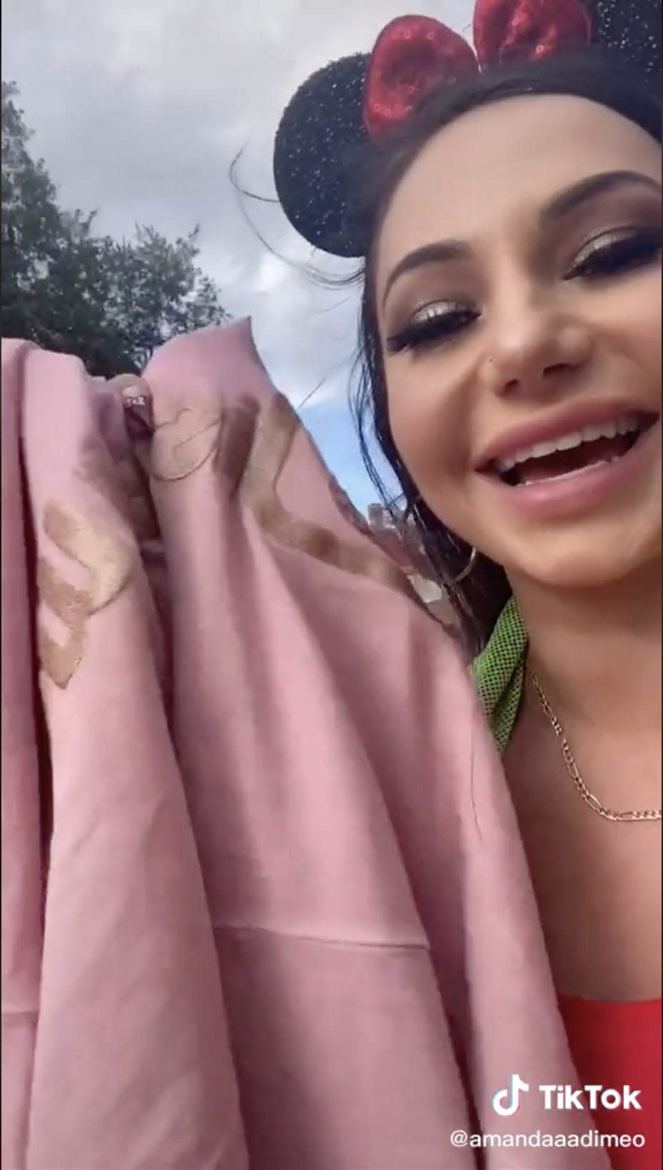 A screenshot from Amanda DiMeo's TikTok video of her with a pink shirt at Disney World.