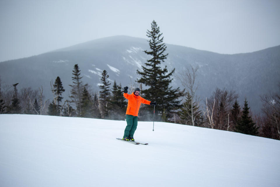 A skier demonstrating the rolling terrain. Photo: <em>Erica Jenson/Sugarloaf Mountain</em>