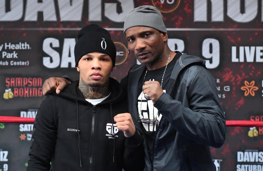 LOS ANGELES, CA - FEBRUARY 06: WBA Super Featherweight World Champion Gervonta Davis and his trainer Calvin Ford pose for a photo at Churchill Boxing Club on February 6, 2019 in Los Angeles, California. (Photo by Jayne Kamin-Oncea/Getty Images)