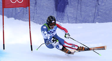Andrew Weibrecht of the USA takes the bronze during the alpine skiing Super-G