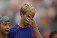 United States forward Megan Rapinoe wipes her eyes during the Star-Spangled Banner before a soccer game against South Africa, Sunday, Sept. 24, 2023, in Chicago. (AP Photo/Erin Hooley)