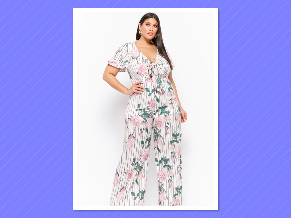 <p>Plus Size Floral Striped Wide-Leg Jumpsuit, $58, <a rel="nofollow noopener" href="https://www.forever21.com/us/shop/catalog/product/plus/plus_size-rompers-jumpsuits/2000284143" target="_blank" data-ylk="slk:forever21.com;elm:context_link;itc:0;sec:content-canvas" class="link ">forever21.com </a> </p>