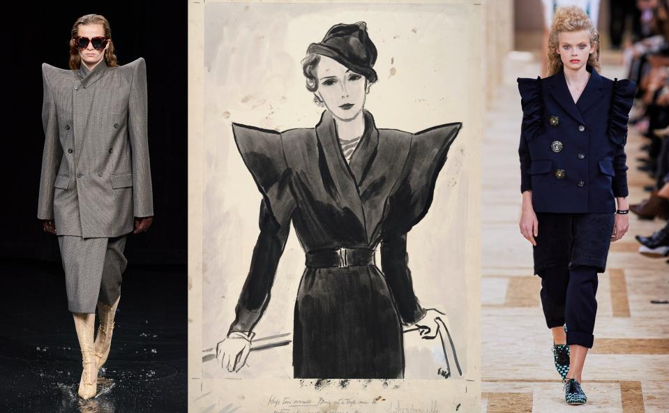 Balenciaga, fall 2020 ready-to-wear; Schiaparelli design, 1933; Miu Miu, spring 2020 ready-to-wear.