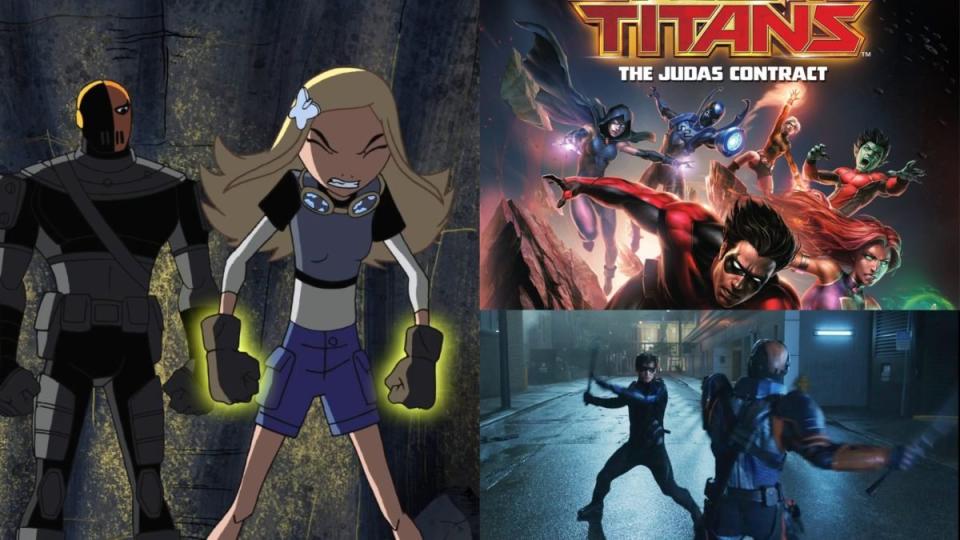 The 2003 Teen Titans' Slade and Terra, the cover artwork for the Teen Titans: The Judas Contract Blu-ray movie, and Nightwing fighting Deathstroke in the live-action Titans series.